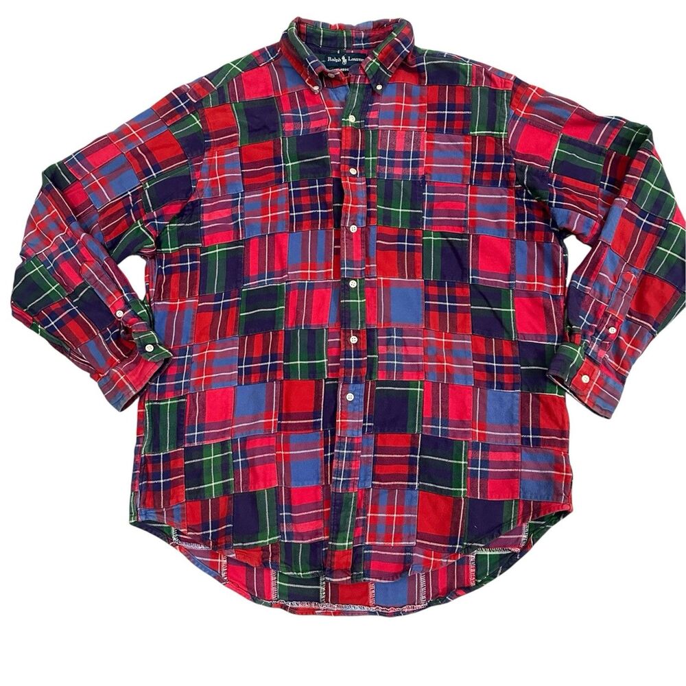 VTG 90s Ralph Lauren Patchwork Plaid Button Flannel Shirt Size XL Preppy Madras